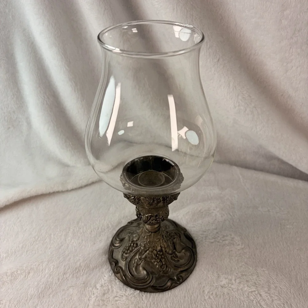 Vtg 70s Ornate Hurricane Candle Holder Pewter Silver Tone Grapevine Base Patina